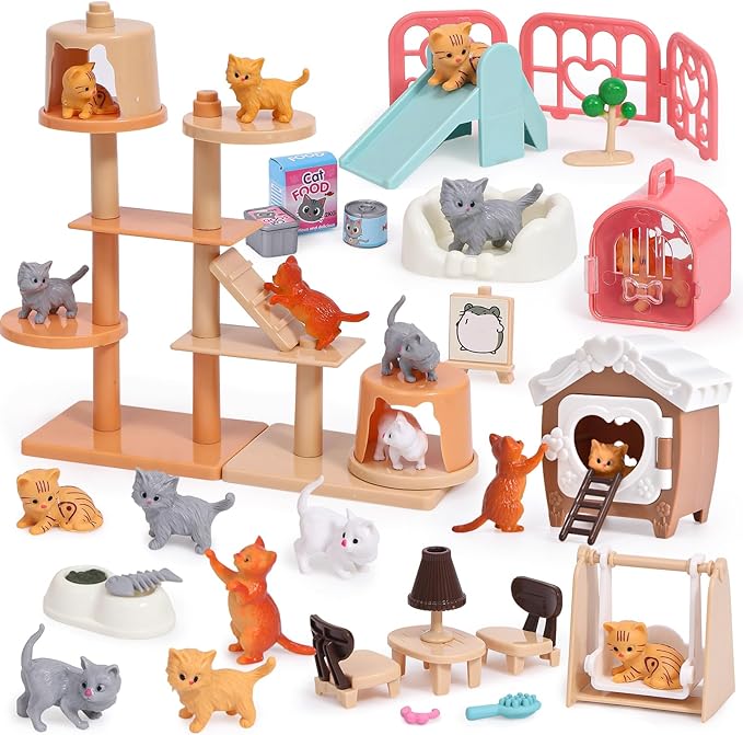 Lorfancy Cat Toys for Kids Girls, 46Pcs Pretend Play Pet Toy Figures Playset Realistic Animal Care Activity with Accessories Toys, Educational Gift for Toddlers Girls 3+ Years Old