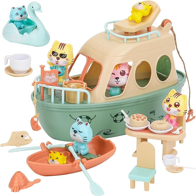 TQQFUN Pet Pretend Play for Kids, Cat Toys for Kids, Kitten Toy Playset, Cat Toy Boat for Kids,Fun Pirate Party Favor and Prize with Cat Figures 31Pcs , Excellent Gift for Boys & Girls Ages 3+
