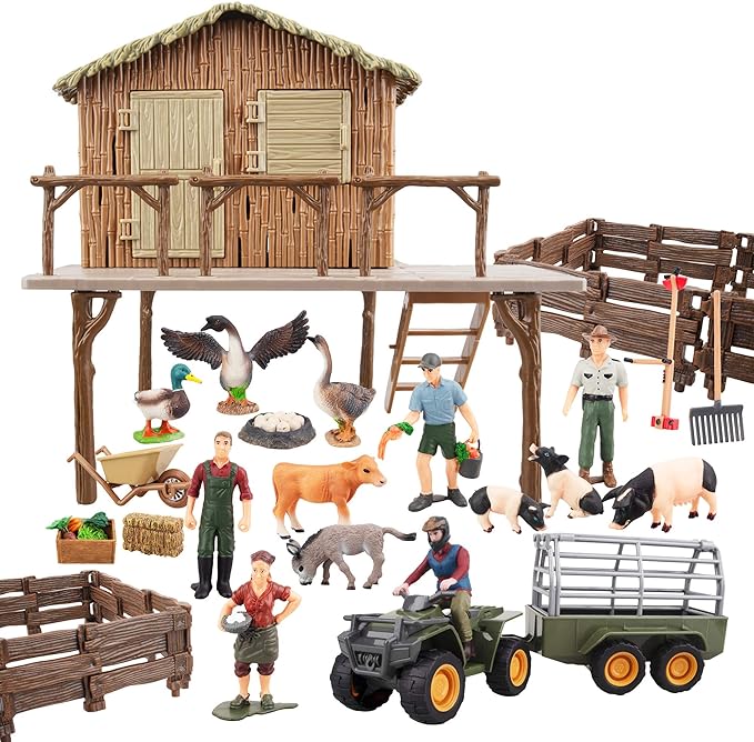 Toymany 54PCS Big Farm Animals Figurines Toy with Barn House Motorcycle Fence - Farm Tractor Figures Set with Farmers Pigs Foods, Educational Toys Christmas Birthday Gift or Kids Toddlers