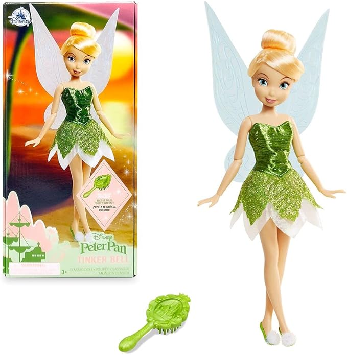 Disney Store Official Tinkerbell Classic Doll for Kids, Peter Pan, 10 Inches, Includes Brush with Molded Details, Fully Posable Toy in Glittery Dress - Suitable for Ages 3+ Toy Figure