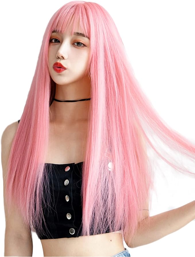 가발 롱 스트레이트 풀가발 자연 코스프레 톡톡 작은 얼굴 인기 내열 wig 하라주쿠 계열 패션 네트/빗살 핑크