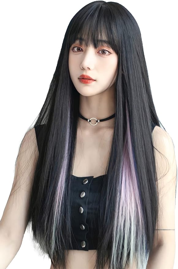 가발 롱 스트레이트 풀가발 자연 코스프레 톡톡 작은 얼굴 인기 내열 wig 하라주쿠 계열 패션 네트/빗살 투톤검정 핑크 블루
