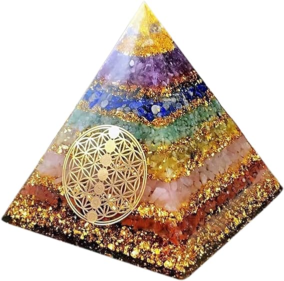 오르고나이트 피라미드형 60x60mm 타이거아이 수정 금박 천연석 장식물 7개의 차크라 파워스톤 정화 에너지 인간관계 대인운 업무운 사업운 금운 orgonite pyramid 7 개운 출세 성공 금전운