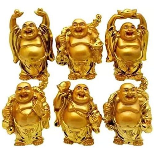 Pack of 6 Golden Laughing Buddha Figurines Lucky Happy Buddha Statue