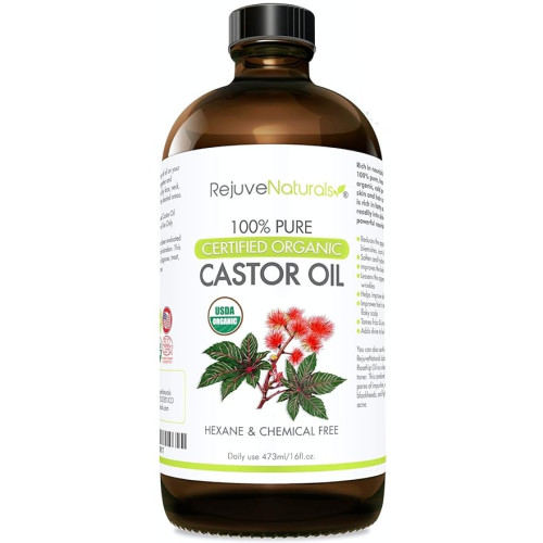 RejuveNaturals Castor Oil (16oz Glass Bottle) USDA Certified Organic, 100% Pure, Cold Pressed, Hexane Free. Boost Hair Growth for Hair, Eyelashes & Eyebrows. Natural Dry Skin Moisturizer