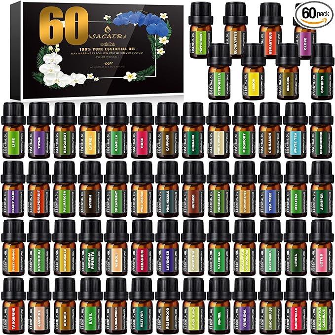 Premium Essential Oils Set -100% Natural Oils-Perfect for Diffuser, Humidifier,Aromatherapy, Massage,Soap, Candle Bath Bombs Making, 60x5 ML (0.17oz)