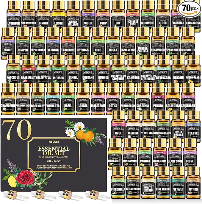 70 Pcs Essential Oil Set -100% Natural Oils-Perfect for Diffuser, Humidifier, Aromatherapy, Massage,Soap, Candle Bath Bombs Making, * 5ML(0.17oz)