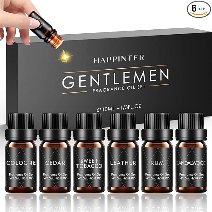 HAPPINTER Mens Essential Oils Set, Top 6 Organic Grade Gentlemen's - Leather, Sweet Tobacco, Cologne, Bay Rum, Cedar, Sandalwood, Fragrance Gift Set for Diffuser Home, 10ML