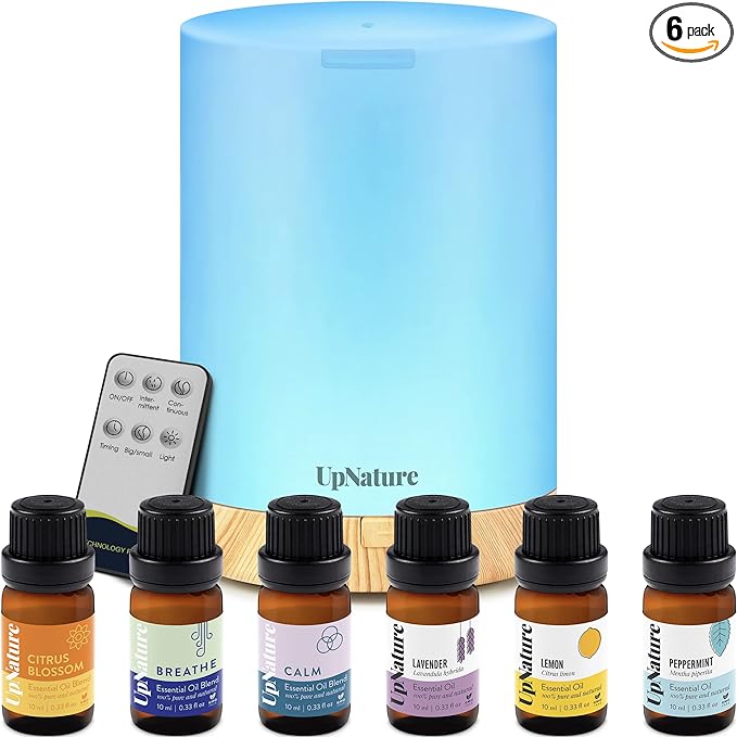 Essential Oils Set & Oil - 6 Premium 300ml XL for Large Room, Humidifier with 4 Timer, 7 LED Light Moods Cool Mist