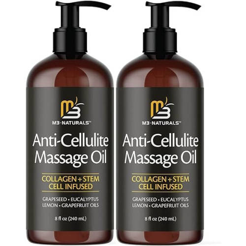 Anti Cellulite Massage Oil Infused with Collagen and Stem Cell Skin Tightening Cream Moisturizing Body Bust Bum Scar Cleansing Essential Instant Absorption by M3 Naturals 2Pack