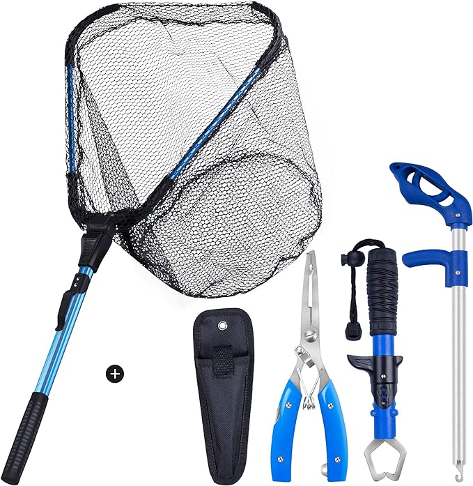 Bombrooster 4PC Kayak Fishing Tool Kit - Foldable Fishing Landing Net, Fish Grips, Pliers, Hook Remover Set for Fishermen