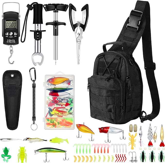 Sosation 134 Pcs Fishing Tool Kit Included Fishing Lures Baits Tackle, Fish Hook Remover Tool, Fish Lip Gripper, Portable Digital Fish Scale Fishing Pliers with Sheath 2 Fishing Lanyard