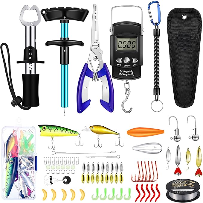 Sosation 134 Pcs Fishing Tool Kit Fishing Gear and Equipment Fishing Pliers Kit Fish Hook Remover Tool Fishing Lip Gripper Set Fishing Lures Baits Tackle Accessories