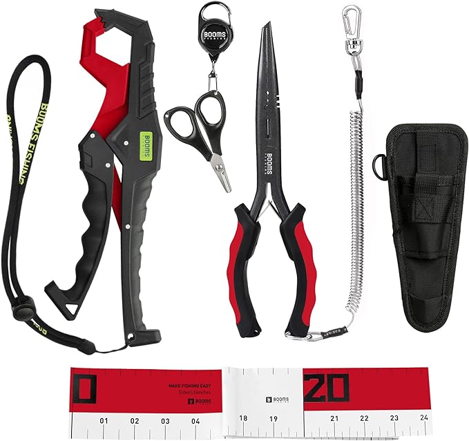 Booms Fishing TK1U 4pcs Fishing Tool Kit, Needle Nose Fishing Pliers Saltwater, Fish Lip Gripper, Fishing Scissors with Retractor, Adhesive Fish Ruler, Fishing Gifts for Men, Ice Fishing Accessories