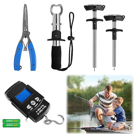 AIRKOUL 5pcs Fishing Tool Kit, Includes Fishing Pliers, Fish Hook Remover Tool, Fish Lip Gripper Grabber, 110lb/50kg Digital Fish Scale - Freshwater Saltwater Fishing Tool Set, Fishing Gifts for Men