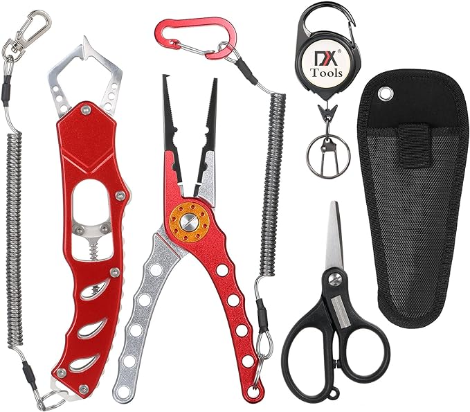 doorslay Fishing Pliers Fishing Tool Kit, Fish Lip Gripper, Line Cutters Split Ring Pliers Hook Remover, Saltwater Fly Fishing Tool Set with Lanyard, Ice Fishing Gear, Fishing Gifts for Men