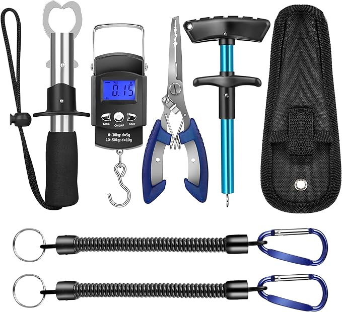 EEEKit Fishing Tool Kit Includeds Fishing Pliers with Sheath, Fish Hook Remover Tool, Fish Lip Gripper, Digital Fish Scale and 2 Fishing Lanyards, Fly Fishing Gear for Fishmen