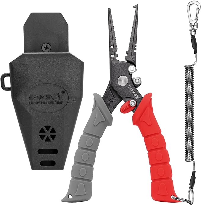 SAMSFX 7.5 inch Fishing Pliers, Stainless Steel Hook Remover Fishing Gear, Tungsten Carbide Cutters, Corrosion Resistant Teflon Coating