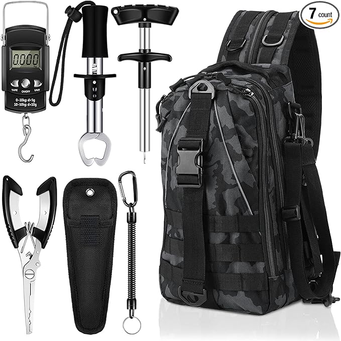 Hungdao 7 Pcs Fish Hook Remover Tools Kit Fishing Backpack Digital Fish Scale Fish Gripper Fishing Pliers Sheath Fishing Tool Lanyards Fish Hook Separator for Saltwater Freshwater (Black, Camo Style)