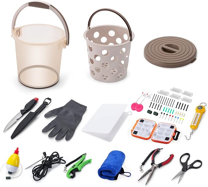Goture Fishing Gear and Equipment, Fishing Tools Kit with Speed Aerator, Fish Fillet Knife, Fishing Hook Kit, Fishing Pliers, Fishing Scale, Bait Bucket with Lid - Fishing Gifts for Men