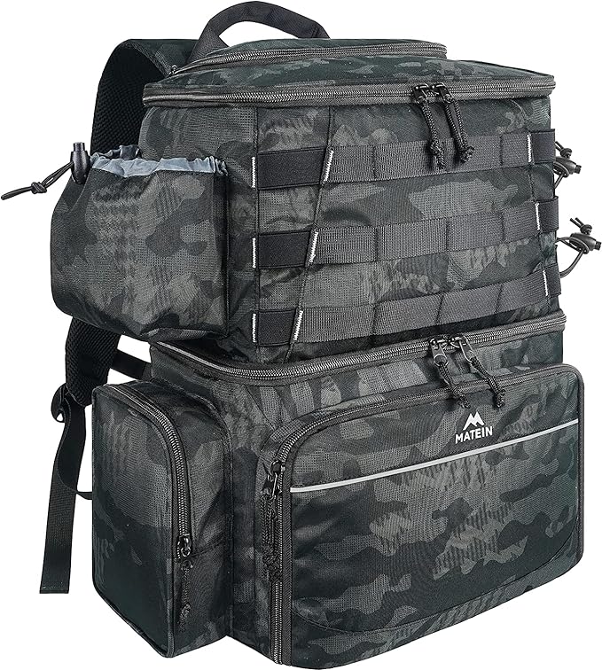 Fishing Tackle Backpack with Cooler, MATEIN Large Fishing Bag with Rod Holders for 4 Trays(Trays Not included), Saltwater Resistant Tackle Bag with Waterproof Bottom for Storage Gear Pole Lures Pliers
