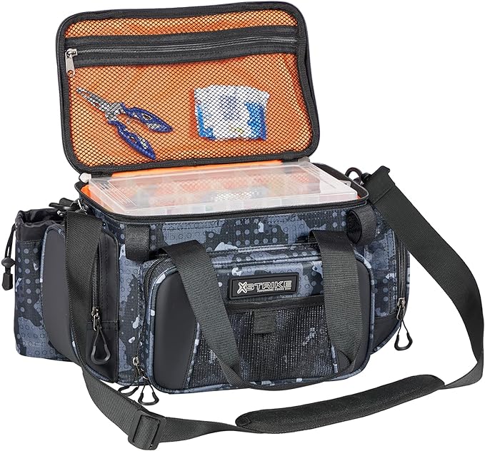 X Strike Fishing Tackle Bag, Bag Waterproof Storage with 4 3600 Box, Saltwater and Freshwater Shoulder for Fishing, camping, hunting, hiking, travel.