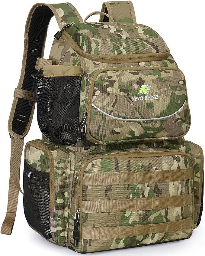 N NEVO RHINO 40L Fishing Tackle Backpack with Rod Holders, Waterproof Rain Cover, High-performance Bag for