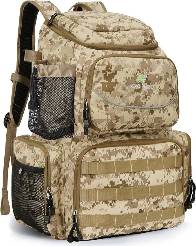 N NEVO RHINO 40L Fishing Tackle Backpack with Rod Holders, Waterproof Rain Cover, High-performance Bag for Fishing, Camping, Hiking