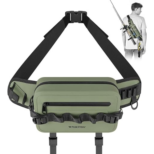 THKFISH Waterproof Fishing Waist Pack，Fishing Tackle Bag Fanny Pack with Adjustable Strap Rod Holder,Airtight Zipper Closure,Lightweight Sling for Fly Fishing, Kayaking