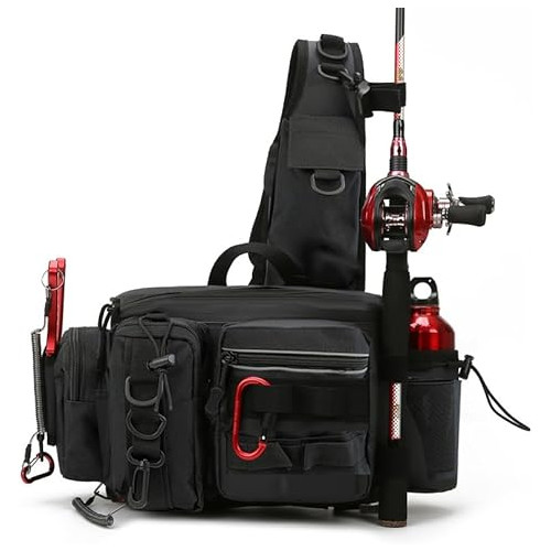 GGYCOB Fishing Backpack Tackle Storage Bag Fly Fishing Gear Pack for Men and Women Sling Bag Shoulder Cross Body Fishing Bag with Rod Holder Hiking Gifts for Men(Black)