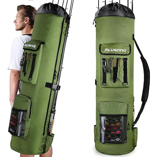 PLUSINNO Fishing Backpack with Rod Holders, Large Storage Fishing Tackle Bag Holds 6 Rods & Reels, Foldable Fishing Rod Bag Case for Fishing Gear Equipment, Fishing Gifts for Men, Green