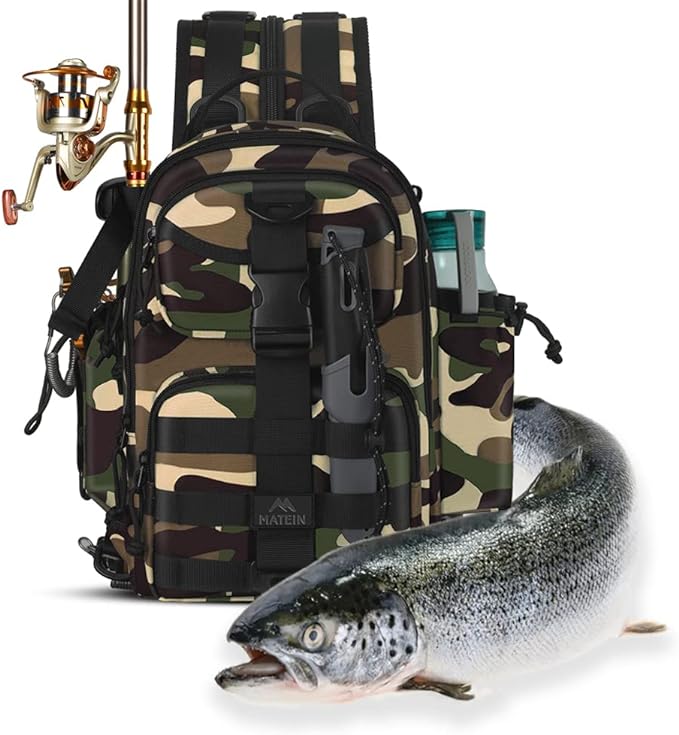 Fishing Backpack, Small Convertible Sling Bag with Rod Holder for Tackle Box, Fishing Gifts for Men, Waterproof Wild River Saltwater Surf Storage Shoulder Bags Hold Fish Gear Accessories, Camouflage