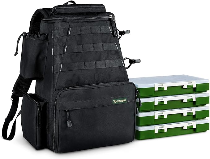 Rodeel Fishing Tackle Backpack 2 Rod Holders with 4 Boxes, Large Storage,Backpack for Trout Outdoor Sports Camping Hiking