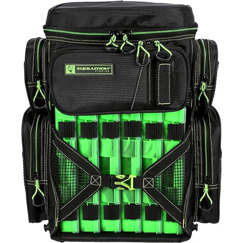 Evolution Fishing Drift Series Tackle Backpack – Green, 3600 Size, Outdoor Rucksack w/ 6 Fishing Tackle Trays, Built In Rain Fly, Heavy Duty Fishing Backpack, Tackle Carrying Case
