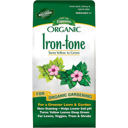 Espoma Organic Iron-Tone 3-0-3 Organic Fertilizer and Plant Food to Help Correct Iron Deficiency (Chlorosis). 5 lb. Bag. Turns Yellow to Green, Non Staining Iron