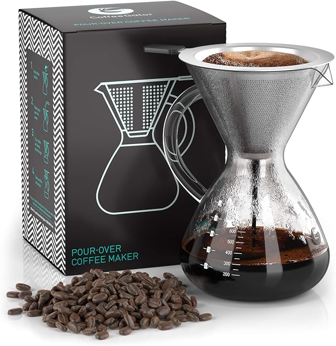 Coffee Gator Pour Over Maker - 27 oz Paperless, Portable, Drip Brewer Set w/Glass Carafe & Stainless-Steel Mesh Filter, 800ml Clear