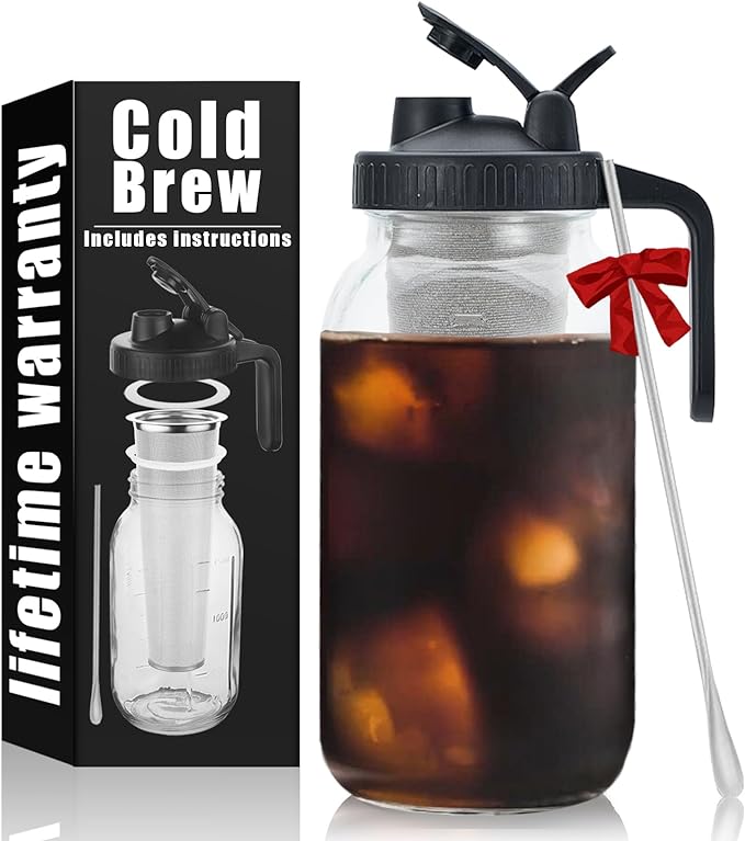 Cold Brew Mason Coffee Maker - 64oz Iced Pitcher with Stainless Steel Mixing Spoon & Super Dense Filter 3 Steps Finish Coffee, Classic BPA Free Sturdy jar Black Lid Easy to Clean