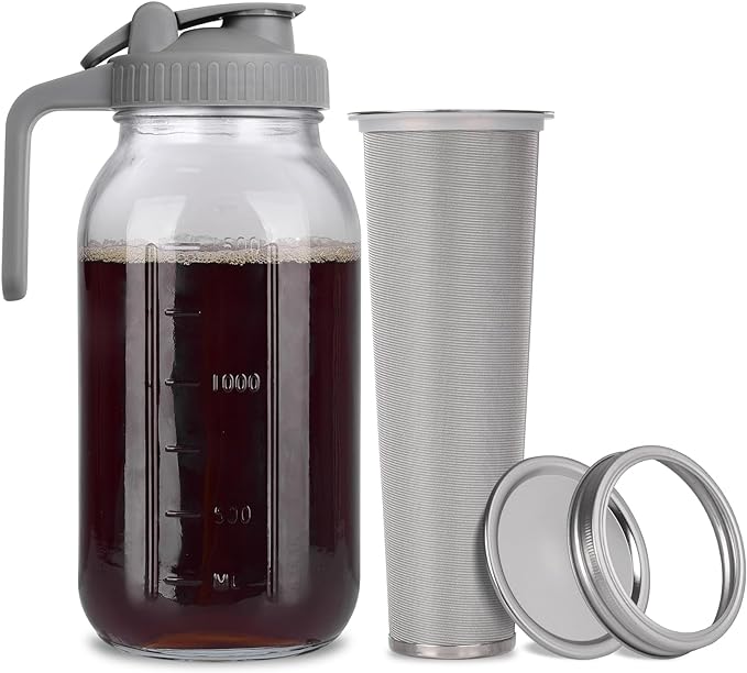 Cold Brew Mason Jar iced Coffee Maker, Durable Glass, - 64 oz (2 Quart / 1.9 Liter), With Handle& Stainless Steel Filter for Iced Coffee, Lemonade, Ice Tea, Homemade Fruit Drinks Container
