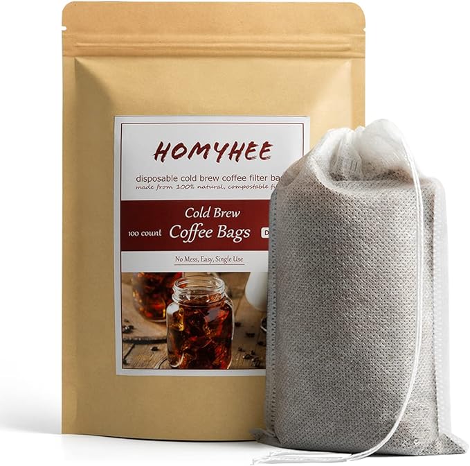 HOMYHEE No Mess Cold Brew Coffee Filters - 100 Count Disposable Fine Mesh Brewing Bags for Concentrate/Iced Maker, French/Cold Press Kit, Hot Tea in Mason Jar or Pitcher, 4 x 6 Inches