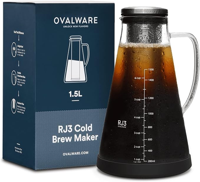 Airtight Cold Brew Iced Coffee Maker Pitcher (& Tea Maker) with Spout – 1.5L/ 51oz Ovalware RJ3 Brewing Glass Carafe Removable Stainless Steel Filter
