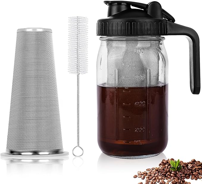 Cold Brew Coffee Maker, 32 oz Wide Mouth Mason Jar Pitcher with Stainless Steel Filter, Pour Spout Handle Lid, Heavy Duty Glass Airtight & Leak-Proof for Iced Tea Lemonade