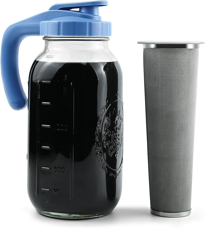 LIVEBAY Cold Brew Mason Jar Iced Coffee Maker, 64 oz Wide Mouth Glass with pour spout Lid, Heavy Duty Stainless Steel Filter - (2 Quart / 1.9 Liter)