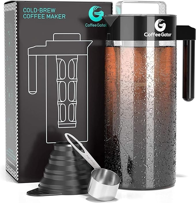 Coffee Gator Cold Brew Maker - 47 oz Iced Tea and Pitcher w/Glass Carafe, Filter, Funnel & Measuring Scoop Black