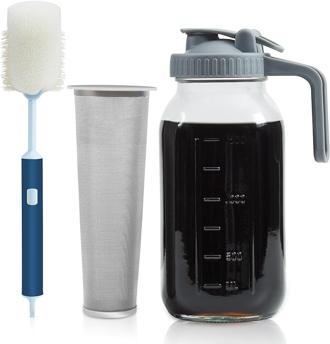 Cold Brew Coffee Maker Mason Jar 64oz, Durable Thick Glass Pitcher Flip Cap Spout Lid w/Handle, Heavy Duty Stainless Steel Filter, Lemonade, Ice Tea Pitcher, Homemade Fruit Drinks Container