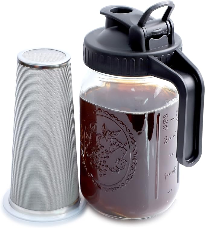 GMSWEET Cold Brew Mason Jar Coffee Maker 32 OZ Wide Mouth Pitcher With Filter For Coffee, Iced Tea, Sun Lemonade