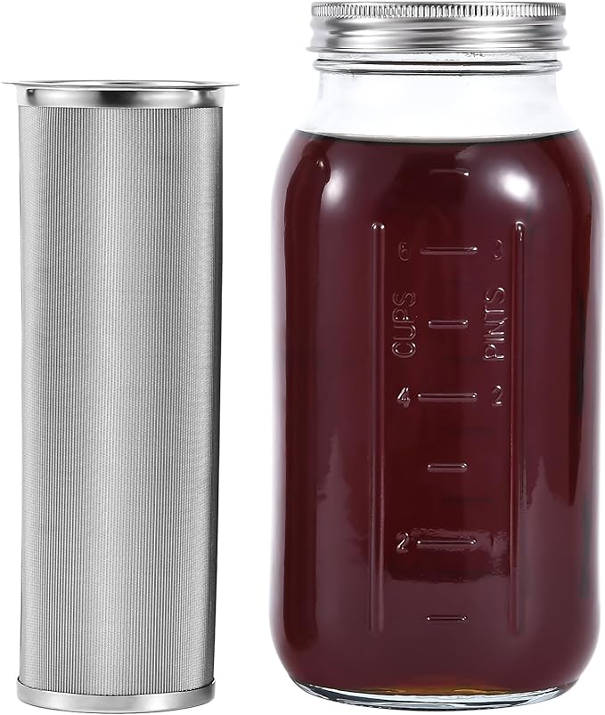 UPTRUST Durable Glass Cold Brew Mason Jar Iced Coffee Maker, 64 oz (2 Quart), Heavy Duty Stainless Steel Filter for Coffee, Lemonade, Ice Tea, Homemade Fruit Drinks Container