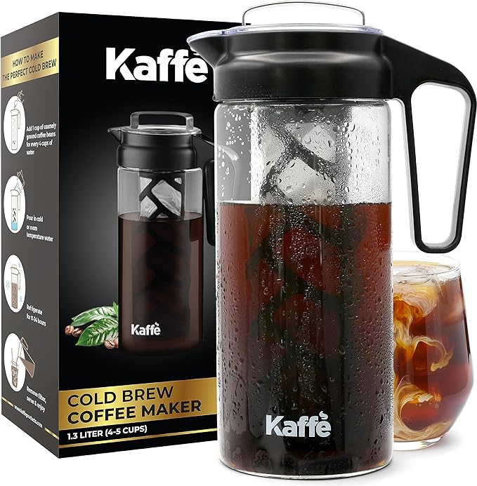 Kaffe Cold Brew Coffee Maker & Tea Brewer, Iced Pitcher, Easy Clean Mesh Filter, Double-Wall Tritan Glass (1.3L)