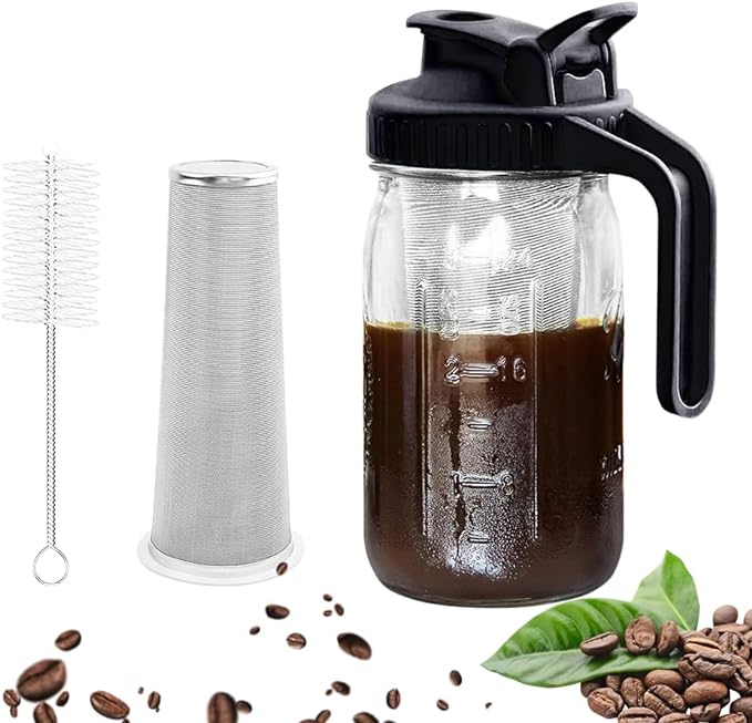 UYANGG Cold Brew Mason Jar Coffee Maker 32 OZ Wide Mouth Pitcher With Filter and Cleaning Brush For Coffee, Iced Tea, Sun Lemonade (black)
