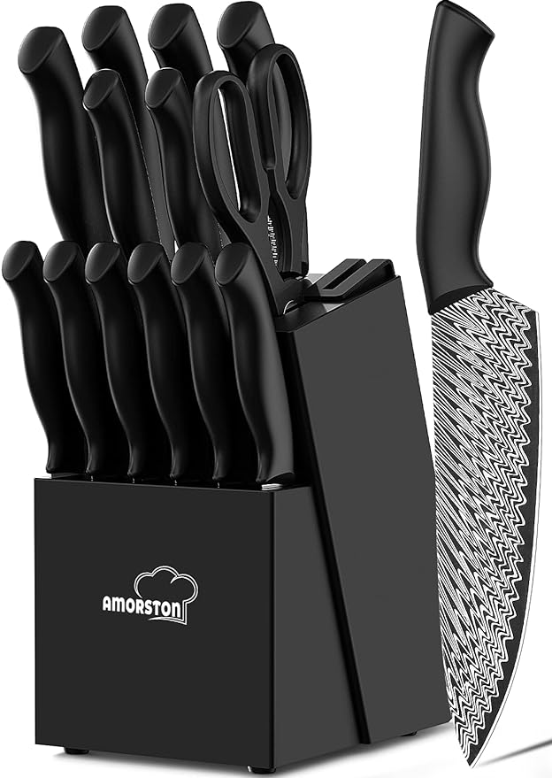 Amorston Knife Set, 15 Pieces Kitchen Knife Set with Built in Knife Sharpener Block, Dishwasher Safe, German Stainless Steel Knife Block Set
