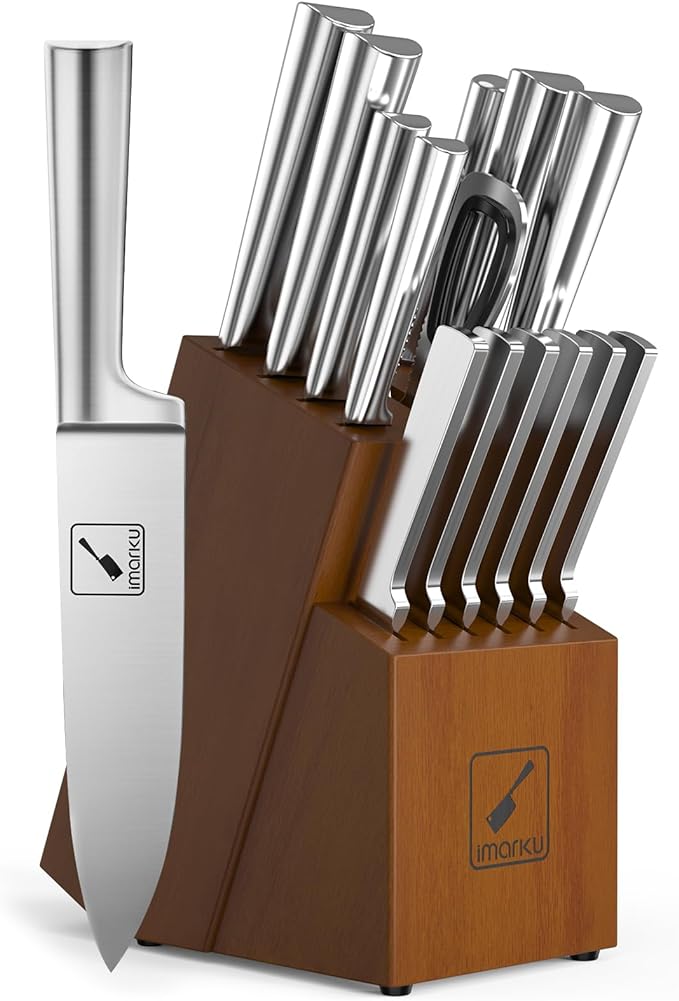 Knife Set - imarku Kitchen Knife Set 15 Piece Japanese Stainless Steel Knife Block Set with Sharpener - Dishwasher Safe Kitchen Knives - Ultra Sharp Chef Knife Set for Kitchen, Silver